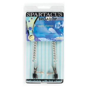 Two metal nipple clamps in plastic packaging labeled Spartacus.