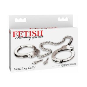 Metal leg cuffs with a chain, packaged for fetish use.