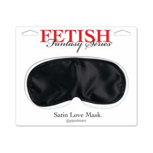 Satin black eye mask labeled as a fetish fantasy accessory.
