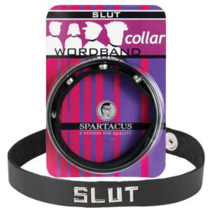 A Spartacus-themed word band collar with the word 'SLUT' on the strap.