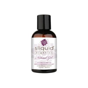 A small bottle of Sliquid Natural Gel lubricant with a black cap.