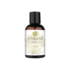 A small brown bottle of Sliquid Natural lubricant with a black cap.