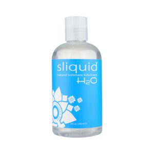 Clear bottle of Sliquid H2O personal lubricant with blue label.