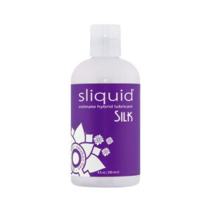 Bottle of Sliquid Silk personal lubricant with purple label.
