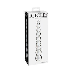 Box packaging of a transparent glass bead toy by Icicles.
