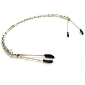 A silver-colored tongue scraper with a chain and rubber tips.