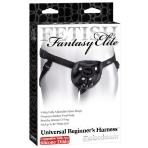 Black universal beginner's harness with adjustable straps and decorative front piece.