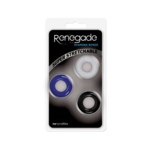 Pack of three Renegade skateboard bushings in black, blue, and white.
