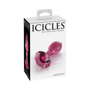 Icicles brand pink glass G-spot vibrator in packaging.