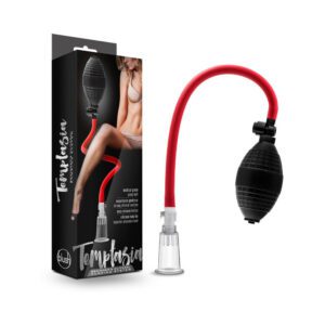 An intimate adult toy with a black bulb and red tube, packaged in a box.