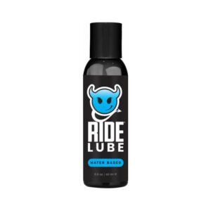 A small black bottle of Aloe Lube with a blue bear logo.