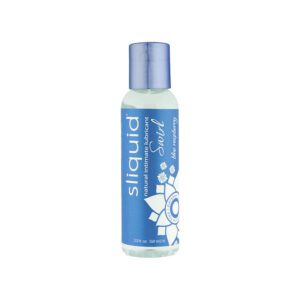 Blue bottle of Silquis lubricant with leaf design on label.