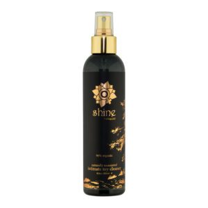 Black and gold spray bottle with elegant design.
