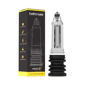 Transparent penis pump with black base and packaging box.