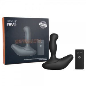 Black prostate massager with remote and packaging box.
