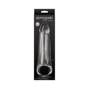 Transparent silicone cock sleeve in black packaging.