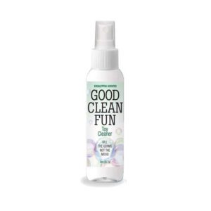 A clear spray bottle labeled Good Clean Fun with a playful design.