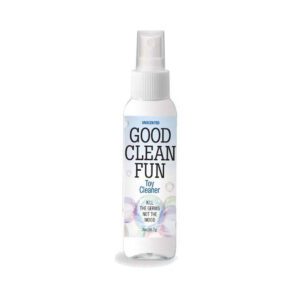 A white spray bottle labeled 'Good Clean Fun' with a purple and blue design.