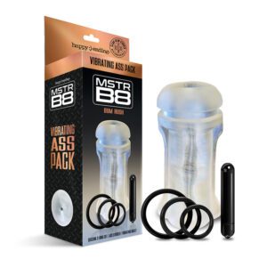 Transparent male masturbator with black rings and packaging.