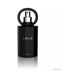 Black LELO perfume bottle with a sleek round cap on a white background.