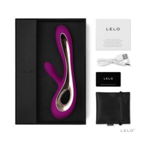 Sleek purple and silver personal massager in a black box with accessories.