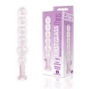 Transparent textured adult toy with purple packaging.