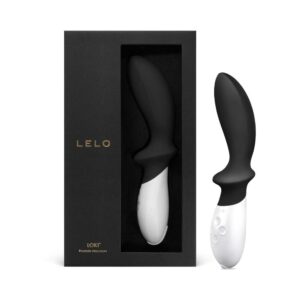 Black and white ergonomic personal massager in elegant packaging.