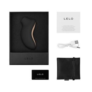 Black sleek Lelo personal massager with accessories in a box.