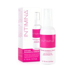 A bottle and box of Intimina feminine hygiene product in white and pink packaging.