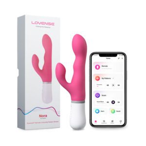 A pink dual-stimulation vibrator with its packaging and a smartphone showing a control app.