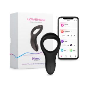 Smartphone-controlled black wearable device with packaging and app interface.
