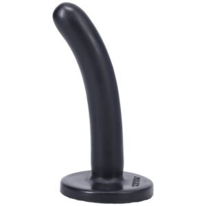 Black curved silicone object with a round base on a white background.