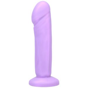 A purple silicone dildo with a suction base.
