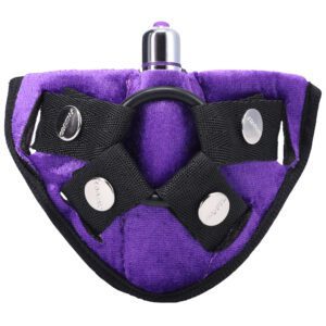 Purple and black pet harness with a small attached bottle.