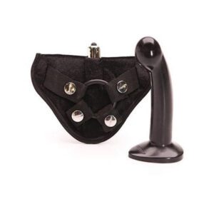 Black strap-on harness with attached dildo for adult use.