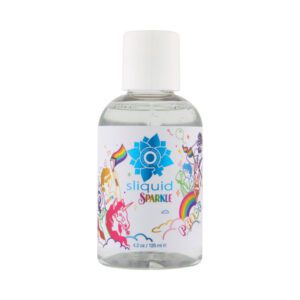 Small clear bottle with white cap and colorful floral design label.