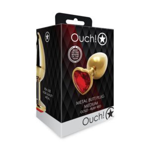 Metal butt plug toy in black and red packaging.