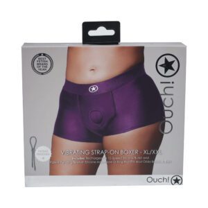 Purple women's shorts displayed on packaging with logo.