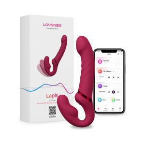 A red Lovense Lush 3 vibrator alongside its packaging and smartphone app.