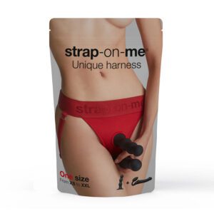 Packaging of a strap-on harness showing a person wearing red underwear.