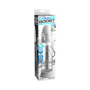 Packaged white Mega Boost earphones with a microphone and volume control.