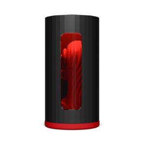 Sleek black and red cylindrical device with a transparent window.