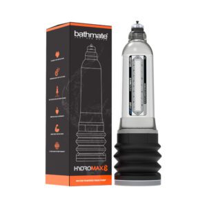 A transparent male enhancement device with black base and orange-labeled box.