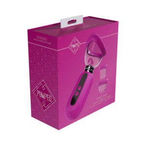 A purple vibrator in a pink box with branding and features.