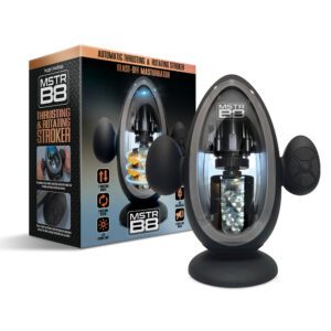 Black egg-shaped air purifier with its packaging box.