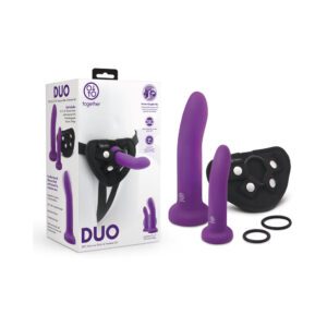 A purple strap-on kit with multiple attachments and rings.