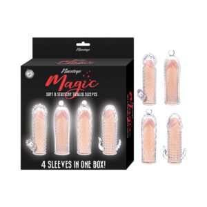 Set of four clear, textured penis sleeves for enhancing pleasure.