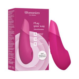 Pink personal massager with packaging shown.