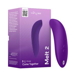 Purple rechargeable personal massager with packaging.
